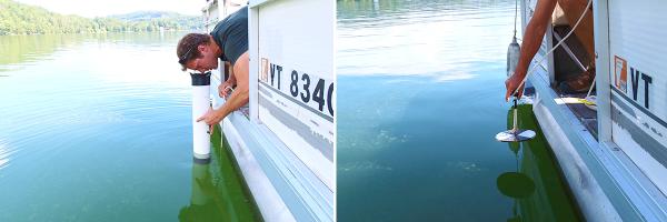 Mark Mitchell, of Lake Champlain Sea Grant and the Vermont Department of Environmental Conservation, uses a view tube and Secchi disk to measure water clarity on Lake Morey in Fairlee, Vermont. Mark Mitchell leans over side of boat and uses view tube and Secchi disk to measure water clarity on Lake Morey.